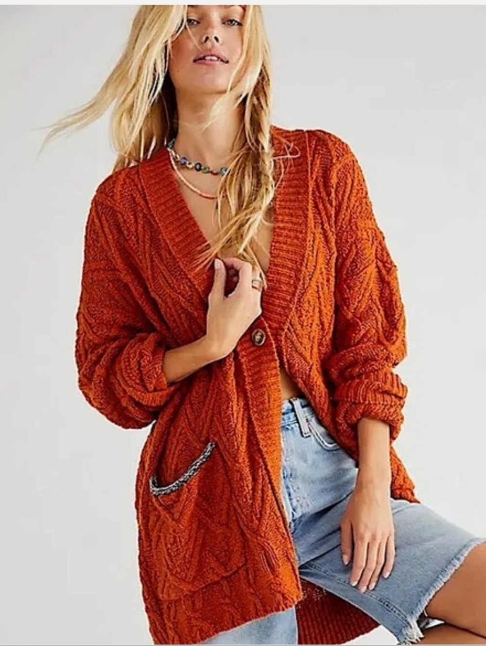Free People Montana Cable Cotton Cardigan Sweater XS Oversized Bohemian Rust